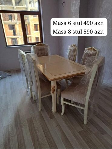 Masa və oturacaq dəstləri: Qonaq otağı üçün, Yeni, Açılmayan, Dördbucaq masa, 6 stul