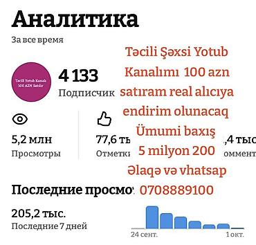 Təcili Şəxsi YouTube kanalı Son Qiyməti 100 AZN Satıram