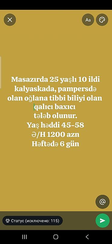 vakansiyalar tibb bacisi: Xəstə baxıcısı tələb olunur, 6/1, Aylıq ödəniş — 1