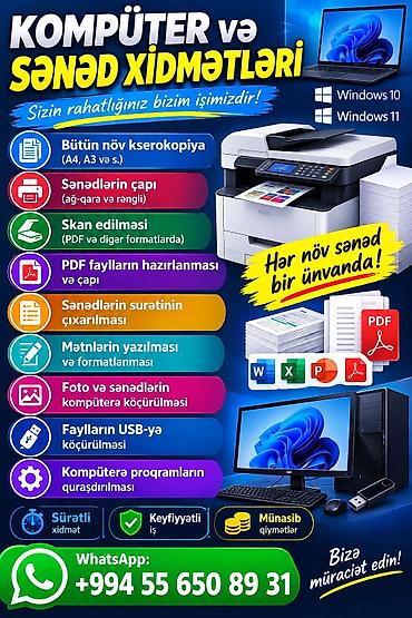 Komputer və sənəd xidmətləri Xidmətlər: - Bütün növ kserokopiya (A4