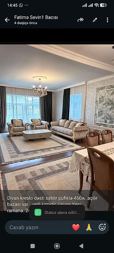 Divan kreslo dəsti satılır pufiklə 450₼. açılır bazası var. yeni