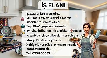 Əməkdaş axtarışı (vakansiyalar): Ev köməkçisi tələb olunur, 5/2, 1-2 illik təcrübə, Ayda 2 dəfə ödəniş — 1