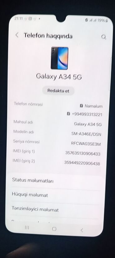 soyuducular işlənmiş: Samsung Galaxy A34 5G, 128 GB, rəng - Qara, Barmaq izi, İki sim kartlı, Face ID