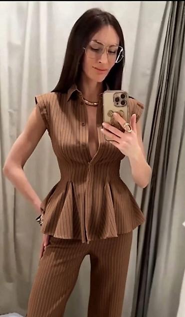 minduse za devojcice: Ženski komplet sa prugama – bluza sa peplum krojem i pantalone - — 6