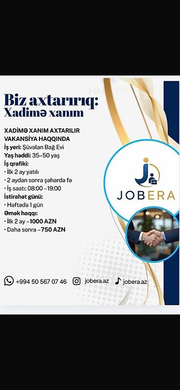 bag evinde is axtariram: Xadimə tələb olunur, 30-45 yaş, Növbəli qrafik, Aylıq ödəniş — 1