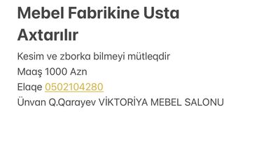 Mebel ustaları: Mebel ustası tələb olunur, 6 ildən artıq təcrübə, Dəyişən qrafik, Aylıq ödəniş lalafo.az -da Mebel ustaları: Mebel ustası tələb olunur, 6 ildən artıq təcrübə, Dəyişən qrafik, Aylıq ödəniş