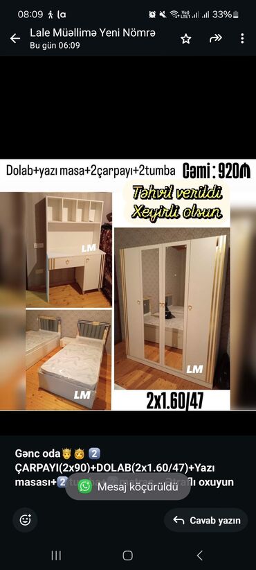 Mətbəx mebeli: *Gənc oda🤴👸 2️⃣ÇARPAYI(2x90)+DOLAB(2x1.60/47)+Yazı