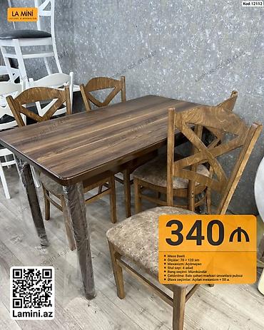 Mebel: Məhsul: Masa dəsti (Kod: 12112) Tərkib: - 1 ədəd masa - 4 ədəd stul — 1