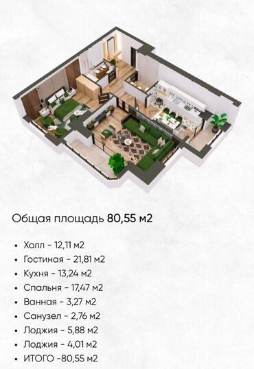 квартиры авангард: 2 комнаты, 80 м², Элитка, 13 этаж, ПСО (под самоотделку)