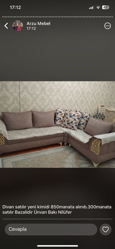 Digər mebel: Künc divan, İşlənmiş, Açılan, Bazalı, Parça