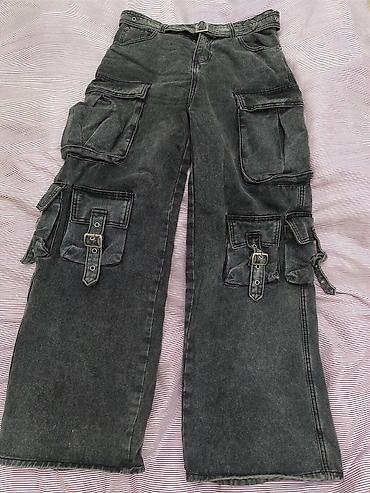 qalın şalvar: Qara yuyulmuş effekti olan denim cargo şalvar - Parça: qalın denim — 1