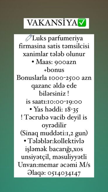 bənna işi: Satış məsləhətçisi tələb olunur, Yalnız qadınlar üçün, 18-29 yaş, Təcrübəsiz, Gündəlik ödəniş