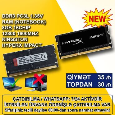 kompüter ramı: Operativ yaddaş (RAM) HyperX, 8 GB, 1600 Mhz, DDR3, Noutbuk üçün, Yeni