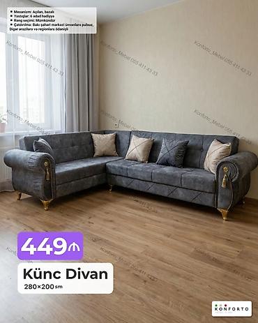 Ev üçün mebel: Künc divan – 280×200 sm • Mexanizm: açılan, bazalı (yataq funksiyalı — 1