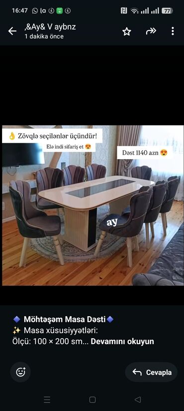 Audi: 🔹 *Möhtəşəm Masa Dəsti*🔹 ✨ Masa xüsusiyyətləri: Ölçü: 100 × 200 sm 8
