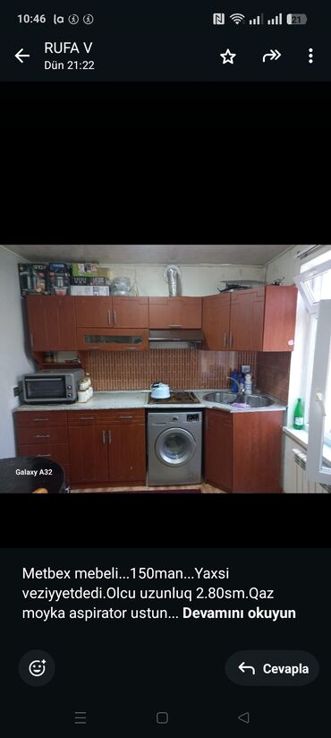 Divanlar: Metbex mebeli. 150man. Yaxsi veziyyetdedi.Olcu uzunluq 2.80sm.Qaz