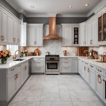 современные кухонные столы: Кухонный гарнитур в современном стиле, выполненный в светлых тонах. Он