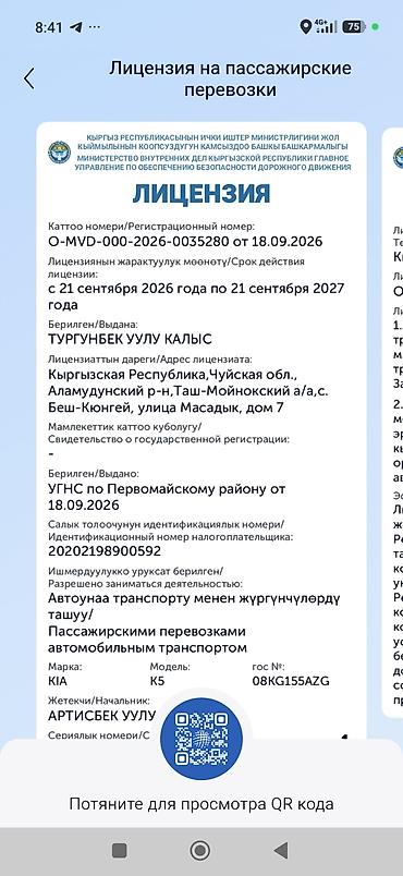 Жеңил унаа, Баруучу жер: Манас аэропорту, Орундардын саны: 4, Лицензия №: 0035280 — 6