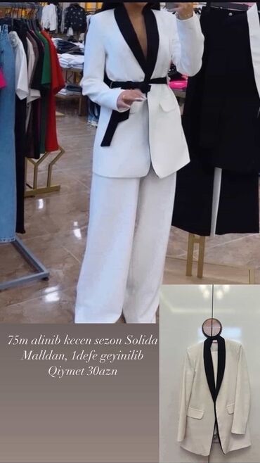 женская ажурная кофта: Ağ rəngli qadın blezeri – qara şal yaxalı, beldən qara kəmərlə