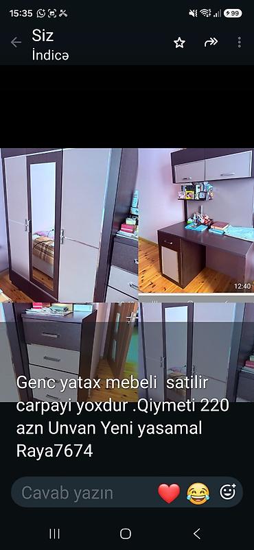 metbex ucun skaf: Gənc otağı üçün mebel dəsti Tərkibi: - 3 qapılı şkaf, ortasında güzgü — 1