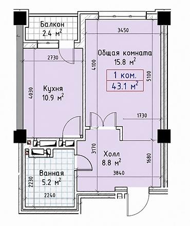 60: 1 комната, 43 м², Технопарк Элитка, 8 этаж, ПСО (под самоотделку) — 5