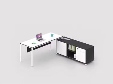 Ofis dəst mebeli: Masa dəsti – iş masası + yan dolablı konsol - Minimalist dizayn: ağ