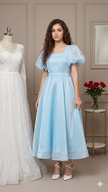 Şəxsi əşyalar: Mavi rəngli midi ziyafət/libas - Model: kvadrat yaxalı, puff (hava — 1