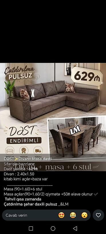 DƏST: Divan + masa + 6 stul - Qiymət: 629₼ (dəst üzrə) - Sifarişlə