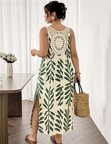 Yarpaq naxışlı maxi yay donu - Model: qolçinsiz, V-yaxa, düz kəsim -