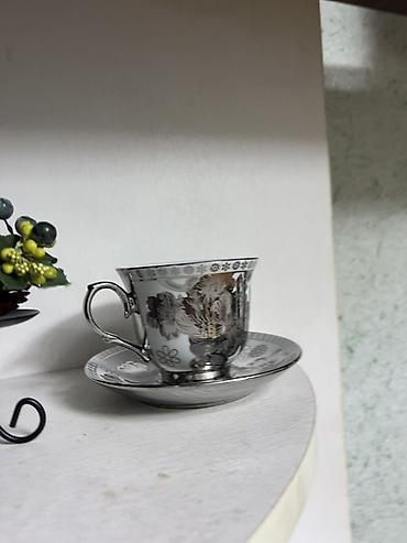 Çay dəsti, rəng - Gümüşü, Farfor, 6 nəfərlik, SSRİ