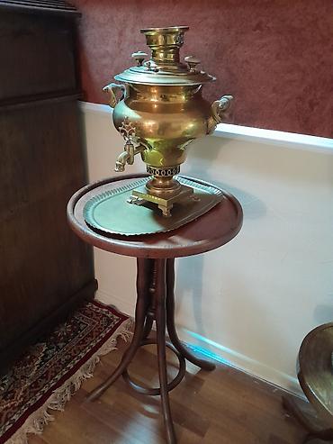 antik samovar alıram: Mis samovar – klassik rus üslubunda, dekorativ oymalı kran və iki yan — 1