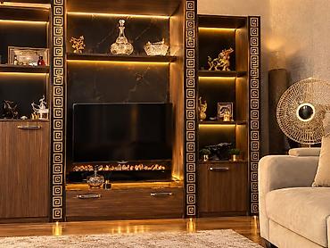 TV stendi və dekorativ vitrinli modul sistem - Dizayn: Tünd ağac