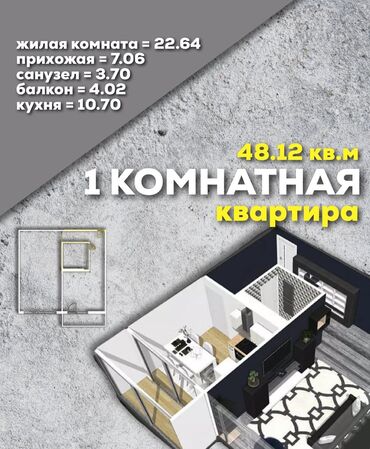квартиры с ремонтом в рассрочку: 1 бөлмө, 48 кв. м, 108-серия, 4 кабат, ПСО (өзү оңдоп түзөтүп бүтүү үчүн)