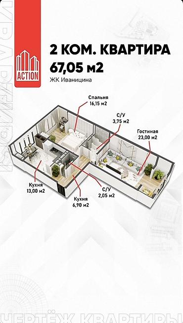 2 к кв: 2‑комнатная квартира, 67,05 м² — ЖК «Иваницына» Планировка: - — 4
