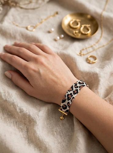 Bilərziklər: Şüşə muncuqdan toxunmuş qolbaq – leopard naxışlı - Material: xırda — 5