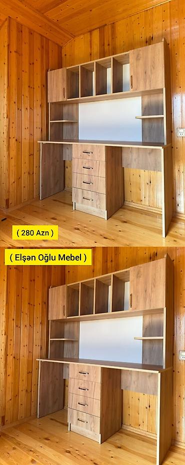 ofis mebel: İş masası və üst rəfli kitabxana modulu - Material: ağac naxışlı — 1