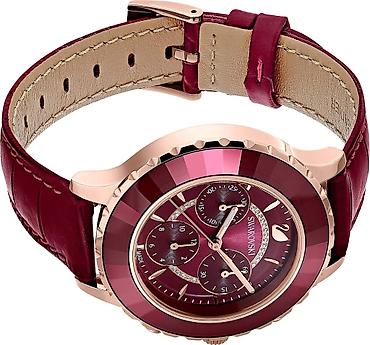 saat omega: Swarovski qadın qol saatı – şərab-qırmızı tonlarda zərif xronoqraf - — 5