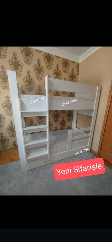 İkimərtəbəli uşaq çarpayıları: Oğlan və qız üçün, Yeni, Çarpayı, Matras ilə, Siyirməli, Laminat — 1