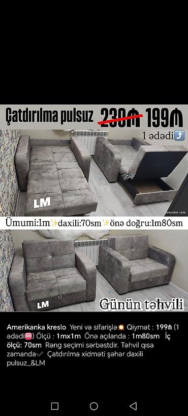 amerikanka divan: Amerikanka kreslo və divan Kreslo: - Ölçü: 1m x 1m - Önə açılma — 2