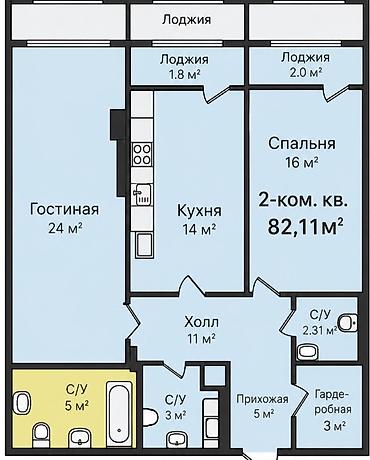 алам строй: 2 комнаты, 82 м², Технопарк Элитка, 15 этаж, ПСО (под самоотделку) — 1