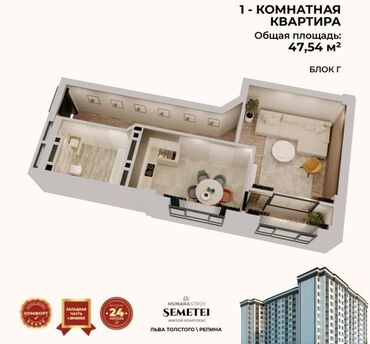 недостроеные дома: 1 комната, 48 м², 6 этаж, ПСО (под самоотделку)