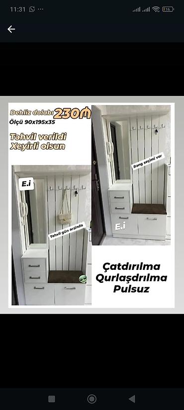 2ci el dehliz dolabi: Dəhliz dolabı – ölçü 90x195x35 sm Xüsusiyyətlər: - Asma paltar üçün — 1