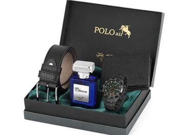 Hədiyyələr: Polo Air dəstində kişi üçün ətir, kəmər, pul kisəsi və qol saatı var