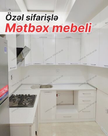 metbex şkafı: Özəl sifarişlə hazırlanmış mətbəx mebeli - Ağ, parlaq səthli, müasir