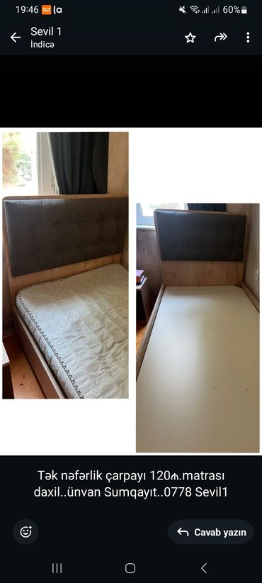 Mətbəx mebeli: Tək nəfərlik çarpayı 120₼.matrası daxil. ünvan Sumqayıt. 0778 Sevil1