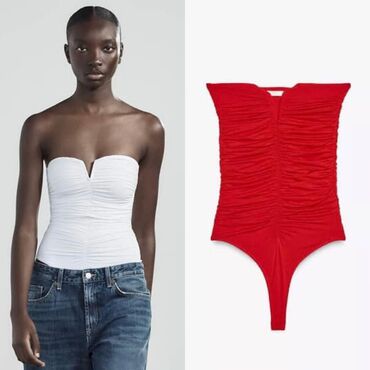Köynək və bluzalar: Bədənə oturan kəsimi ilə strapless bodi. Büzməli dizaynı sayəsində