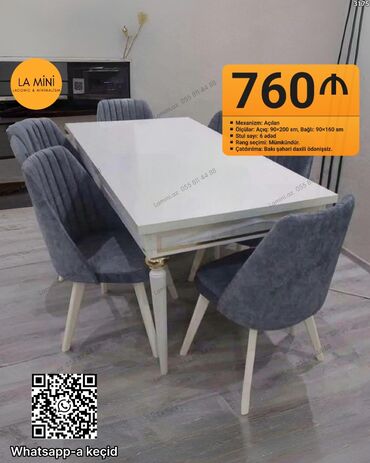 demir şifer: Qonaq otağı üçün, Açılan, Dördbucaq masa, 6 stul