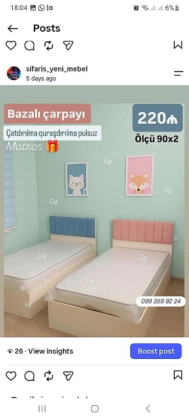 Çarpayılar: Bazalı çarpayı – ölçü 90x200. - Başlıq: yumşaq, rəngli parçalı başlıq — 1