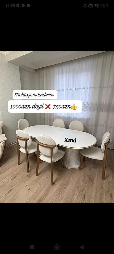 oturacaqlar: Ağ rəngli oval yemək masası və 6 ədəd stul dəsti. Xüsusiyyətlər: - — 1