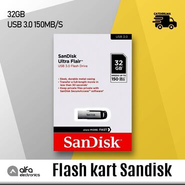 Digər kompüter aksesuarları: Flaş kart Sandisk 32GB Usb 3.0 Ultra Flair Məhsulun təsviri Sandisk
